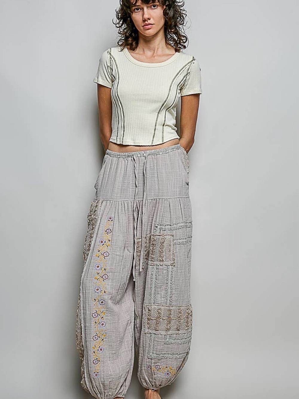 POL grey floral embroidered lace harem balloon jogger pants Free People inspired